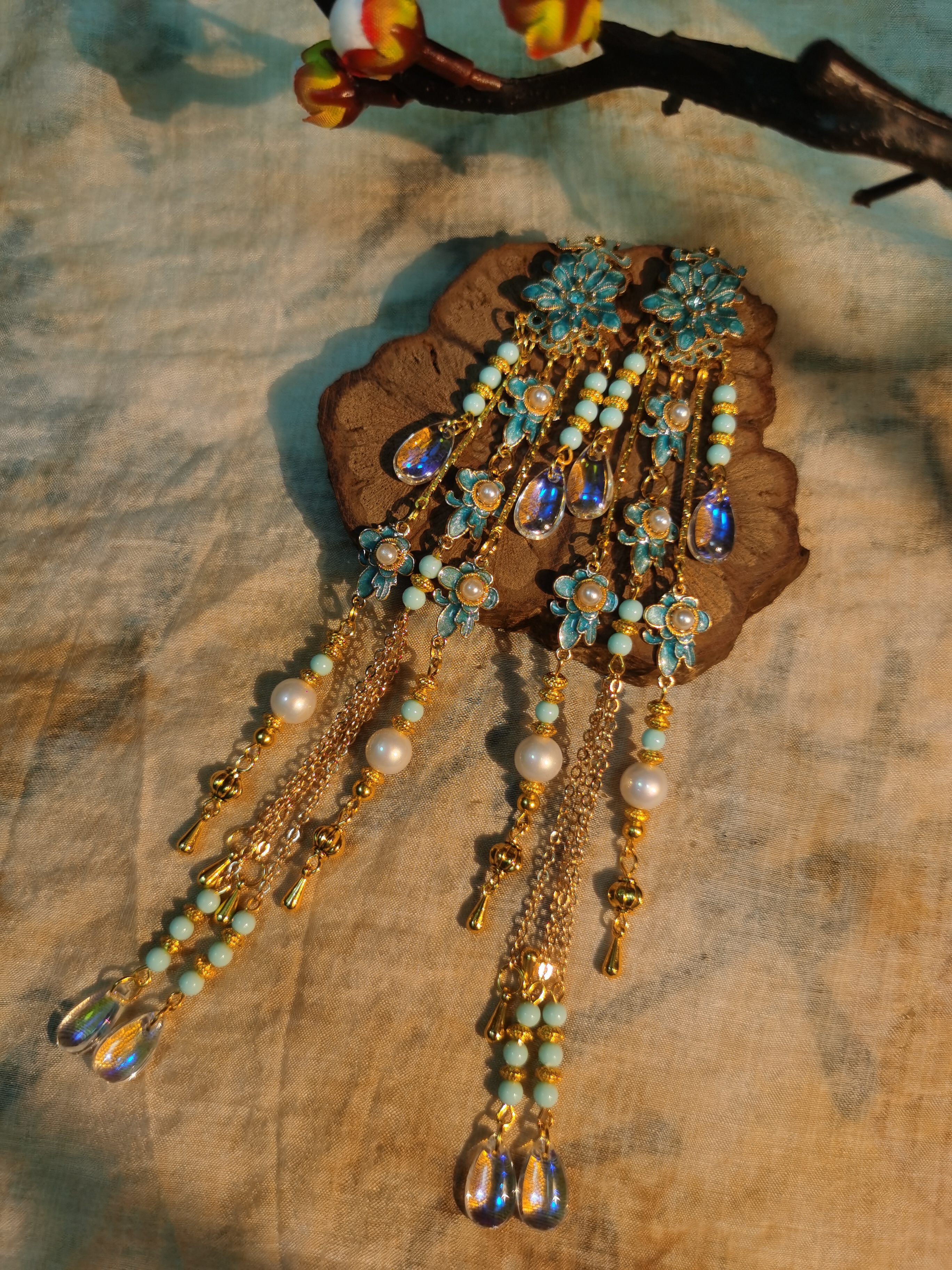 铜合金玻璃耳饰 【蓝韵】原创自制手作新中式国风耳饰耳钉耳环