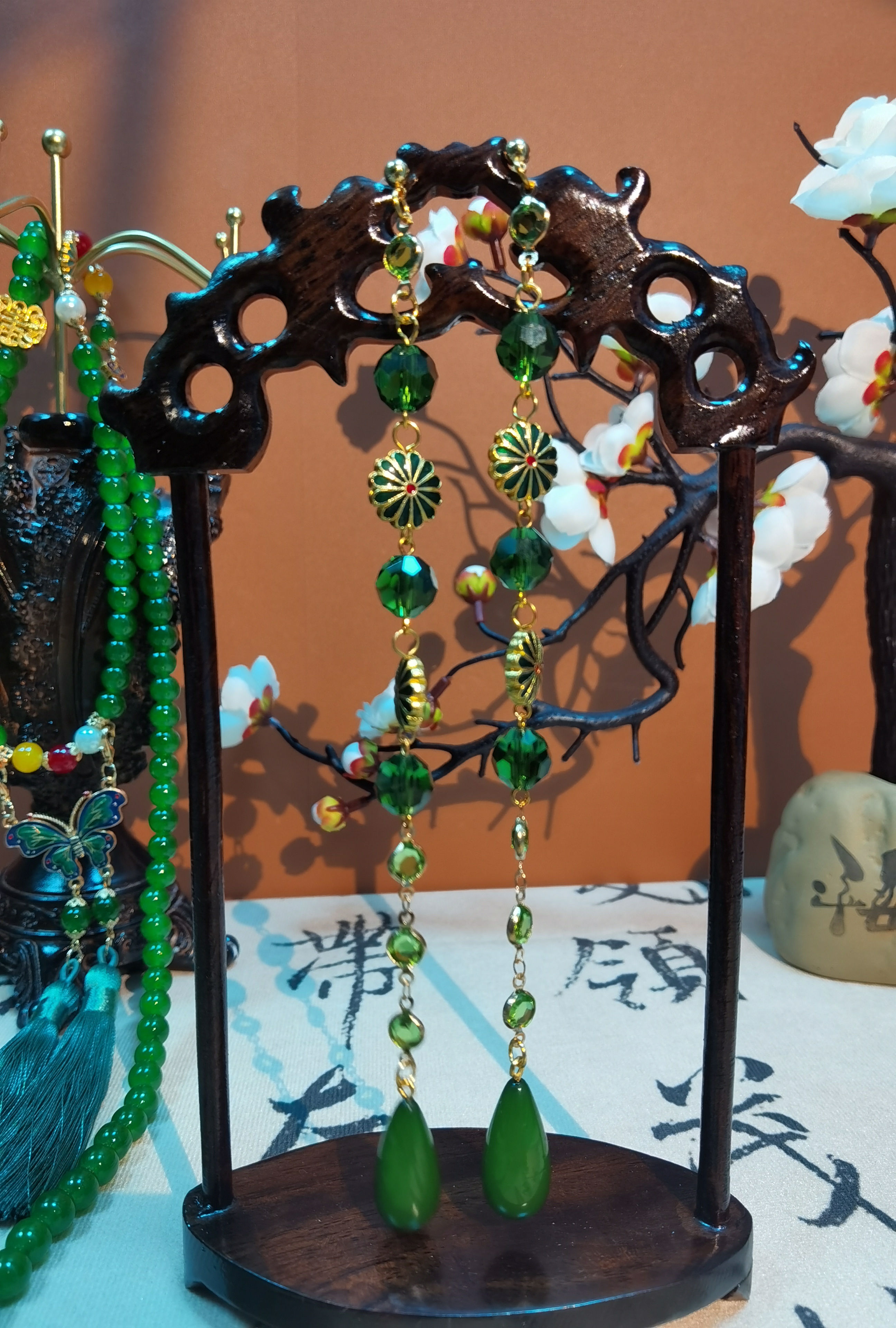 铜合金仿水晶耳饰 【绿水晶】原创自制手作新中式国风耳饰