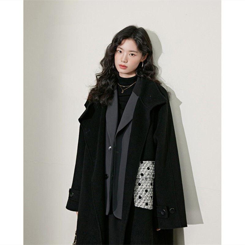 小香风羊毛黑色毛呢外套女2023秋冬新款显瘦双面呢子中长大衣风衣