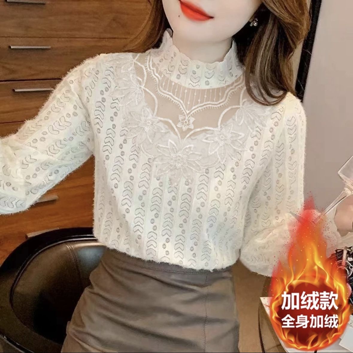 打底新款蕾丝秋冬2023网纱高领洋气上衣长袖时尚加绒加厚显瘦肚子
