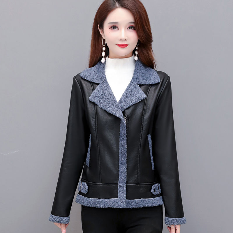 加绒加厚皮衣外套女新款2022冬季女士皮夹克PU仿羊羔毛外套女短款