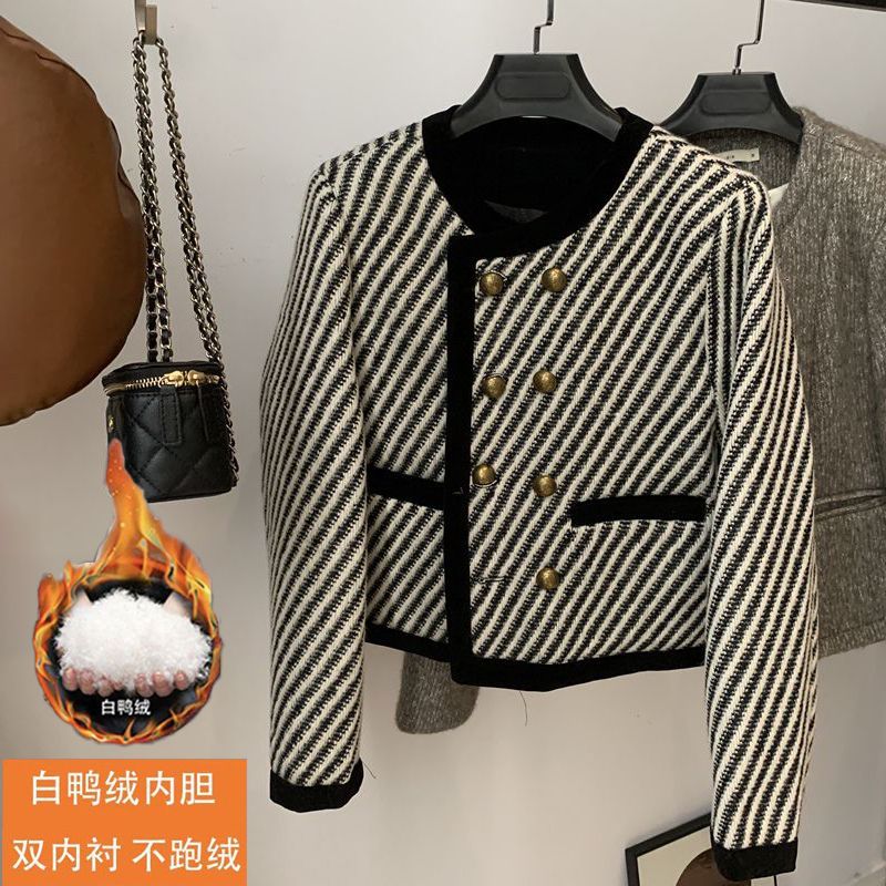 韩系斜条纹双排扣小香羽绒服短外套女2023冬季新款加厚保暖上衣潮