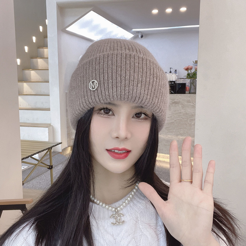 毛线帽子女护耳水钻大头围加厚保暖秋冬季百搭套头帽M标针织帽