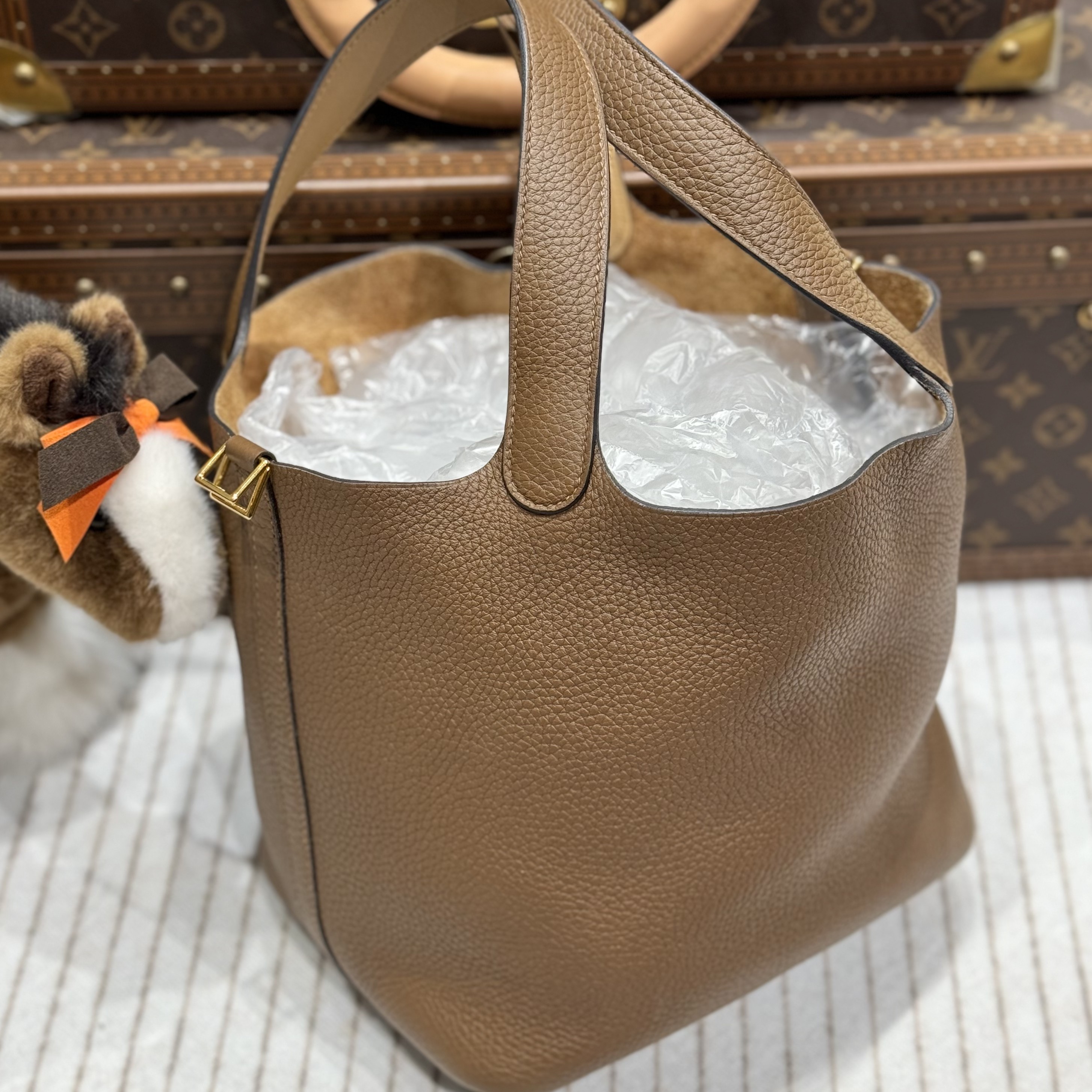 99新 Hermes/爱马仕 lina/菜篮子22 栗子拼饼干手柄 