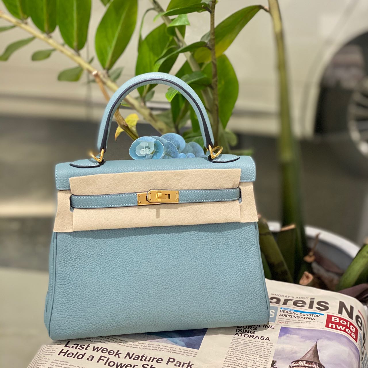 99新 Hermes/爱马仕 lina/爱马仕Kelly25天青蓝金扣斜挎包