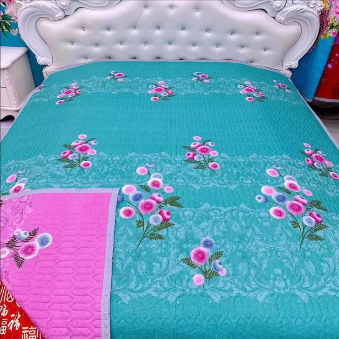 （双面床盖）绿蒲公英/粉蒲公英 2米X2.3米 AB三层夹棉床盖可铺可盖