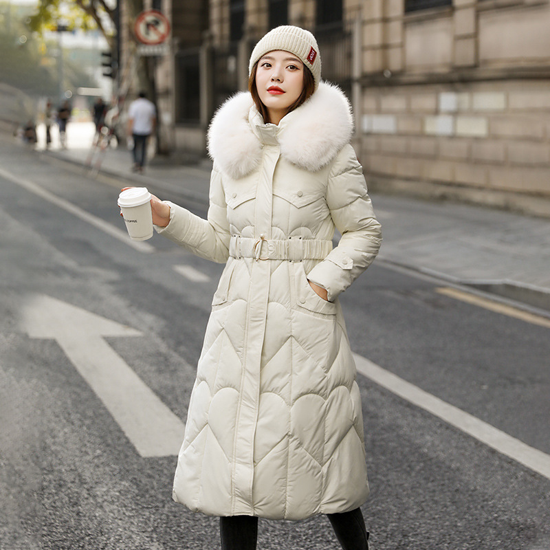 棉衣女2023冬季韩版新款中长款保暖棉服女装腰带收腰显瘦外套棉袄