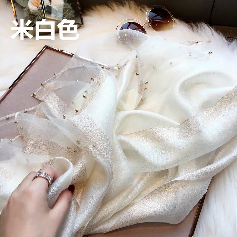 白色钉珠款 刺绣桑蚕丝羊毛围巾丝巾披肩长款通用秋冬经典