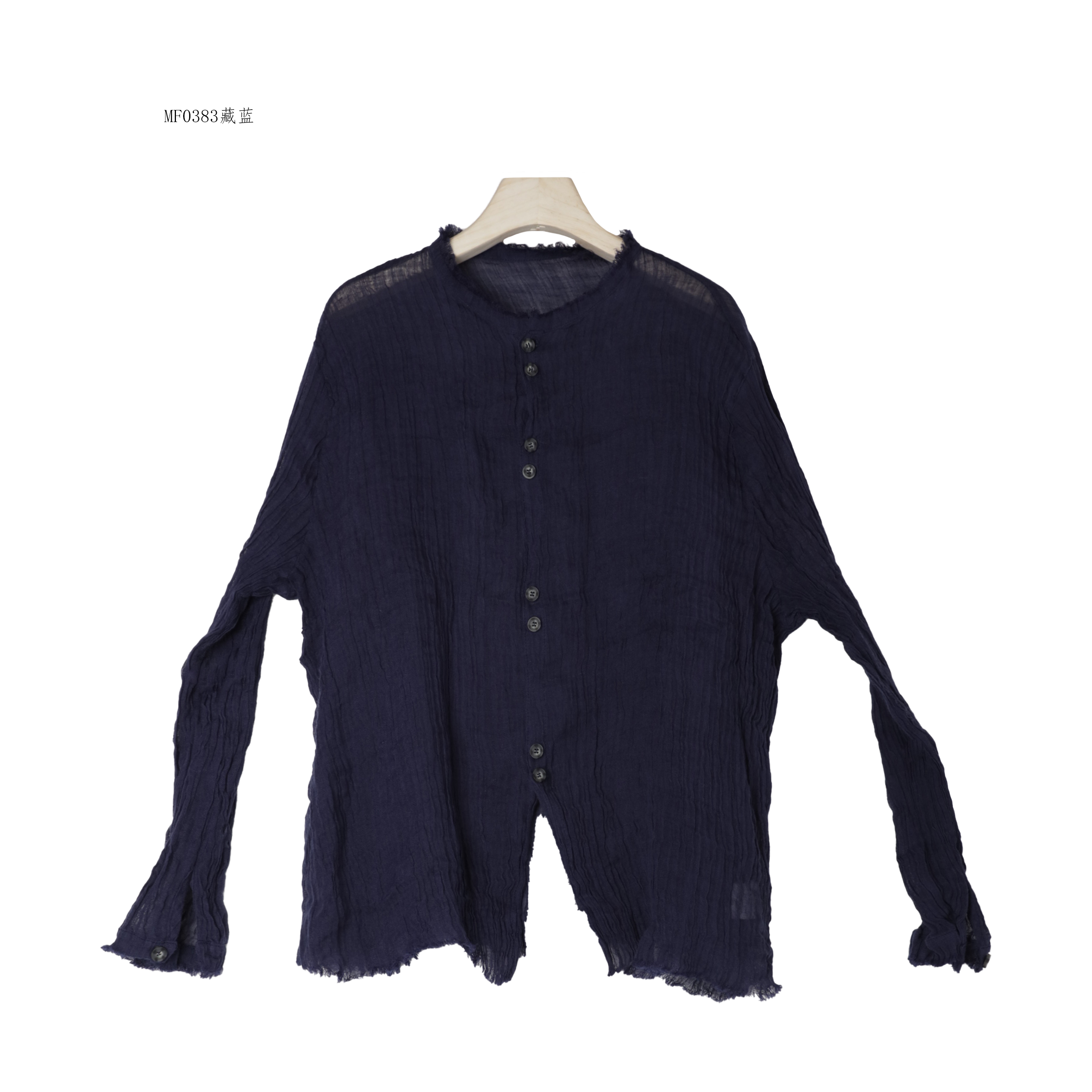 【麻訪家】MF0383藏蓝文艺复古简约肌理麻长袖百搭上衣
