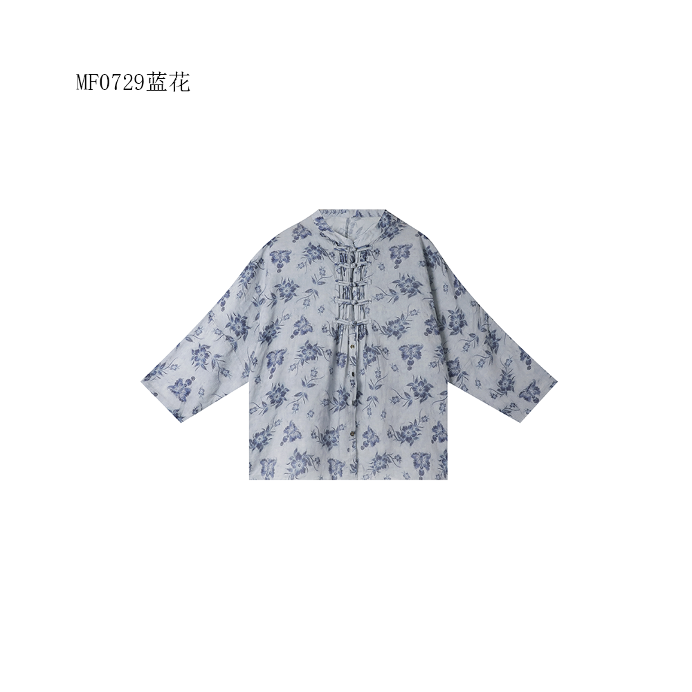 【麻訪家】MF0729蓝花文艺印花盘扣宽松休闲百搭开衫上衣
