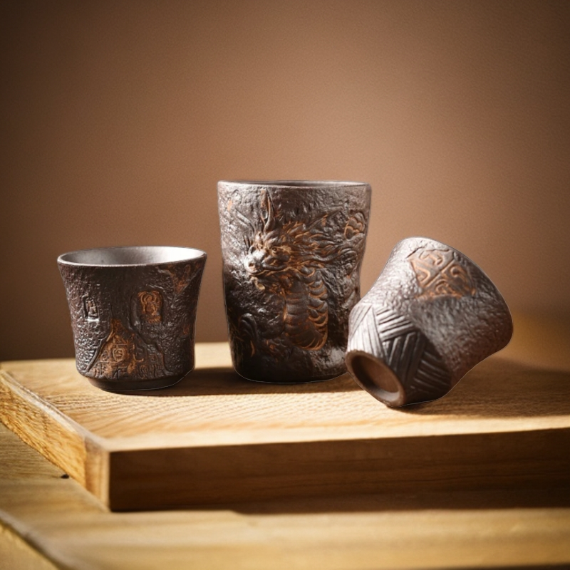 （铁胎泥）主人杯高端敦煌雕刻茶杯大号品茗杯高档家用原矿陶杯茶具