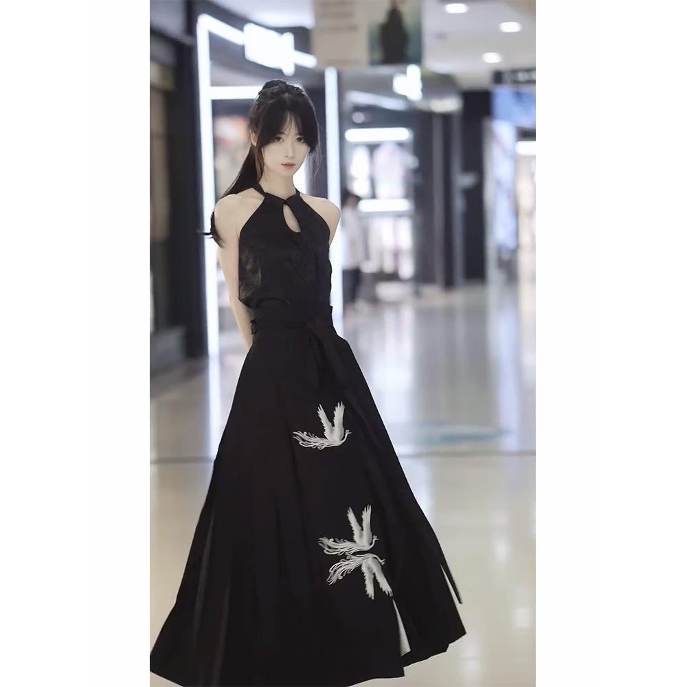 新中式女装中国风改良宋制汉服2023新款马面裙夏黑色小个子两件套