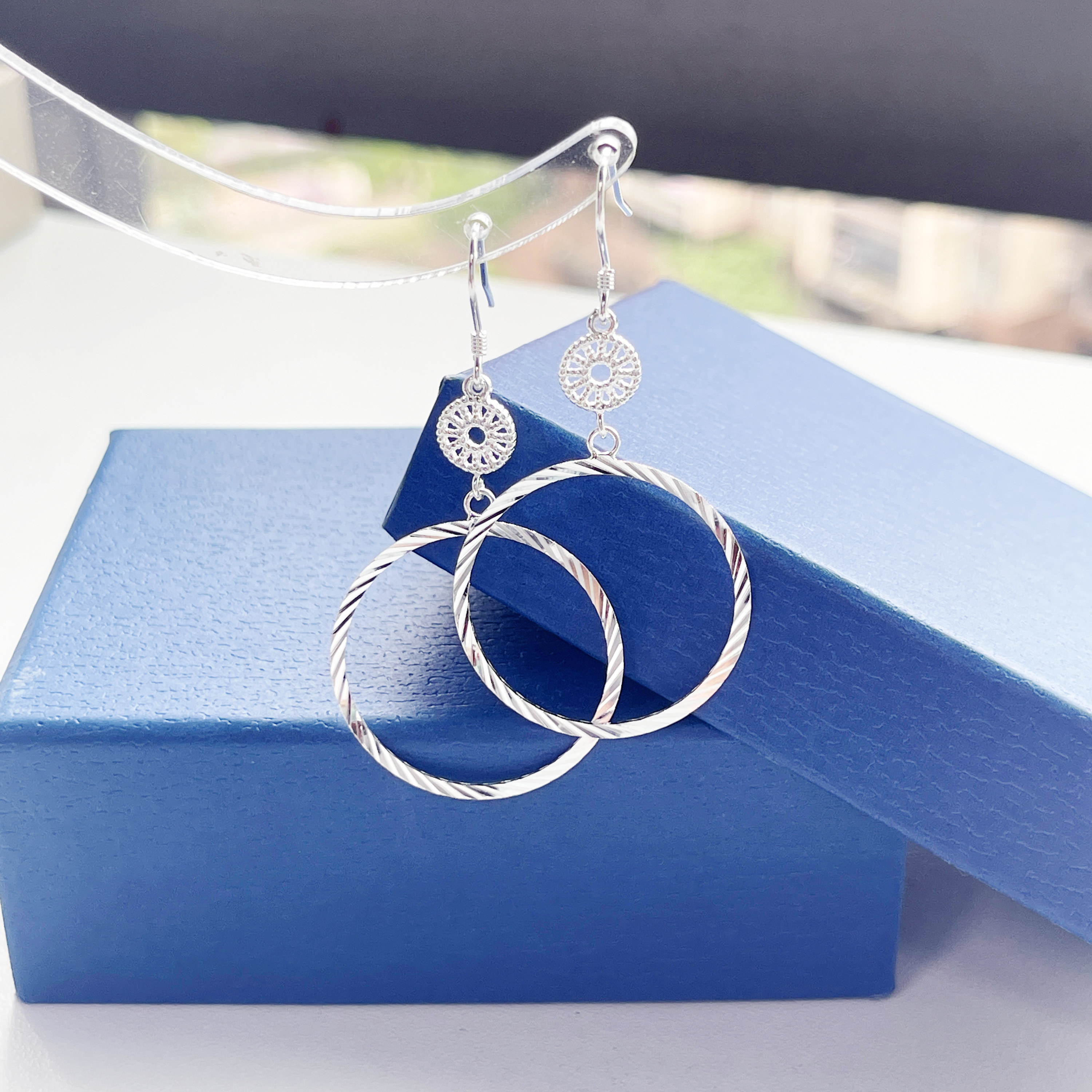 足银耳饰 车花大圈圈时尚花丝耳钩气质百搭银色手工简约正品纯银