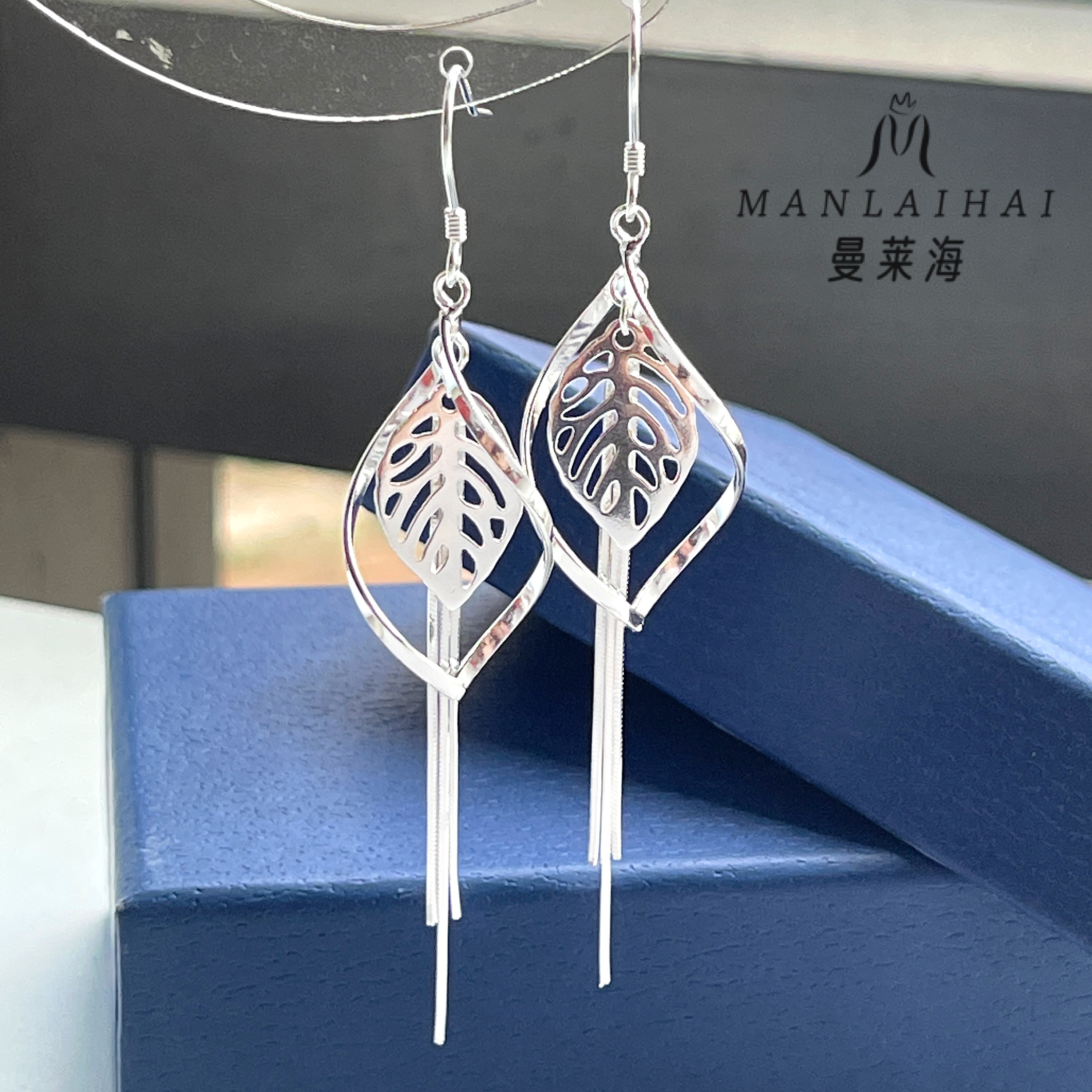 足银耳饰 菱形车花叶流苏耳钩显瘦气质百搭个性轻奢大气纯银