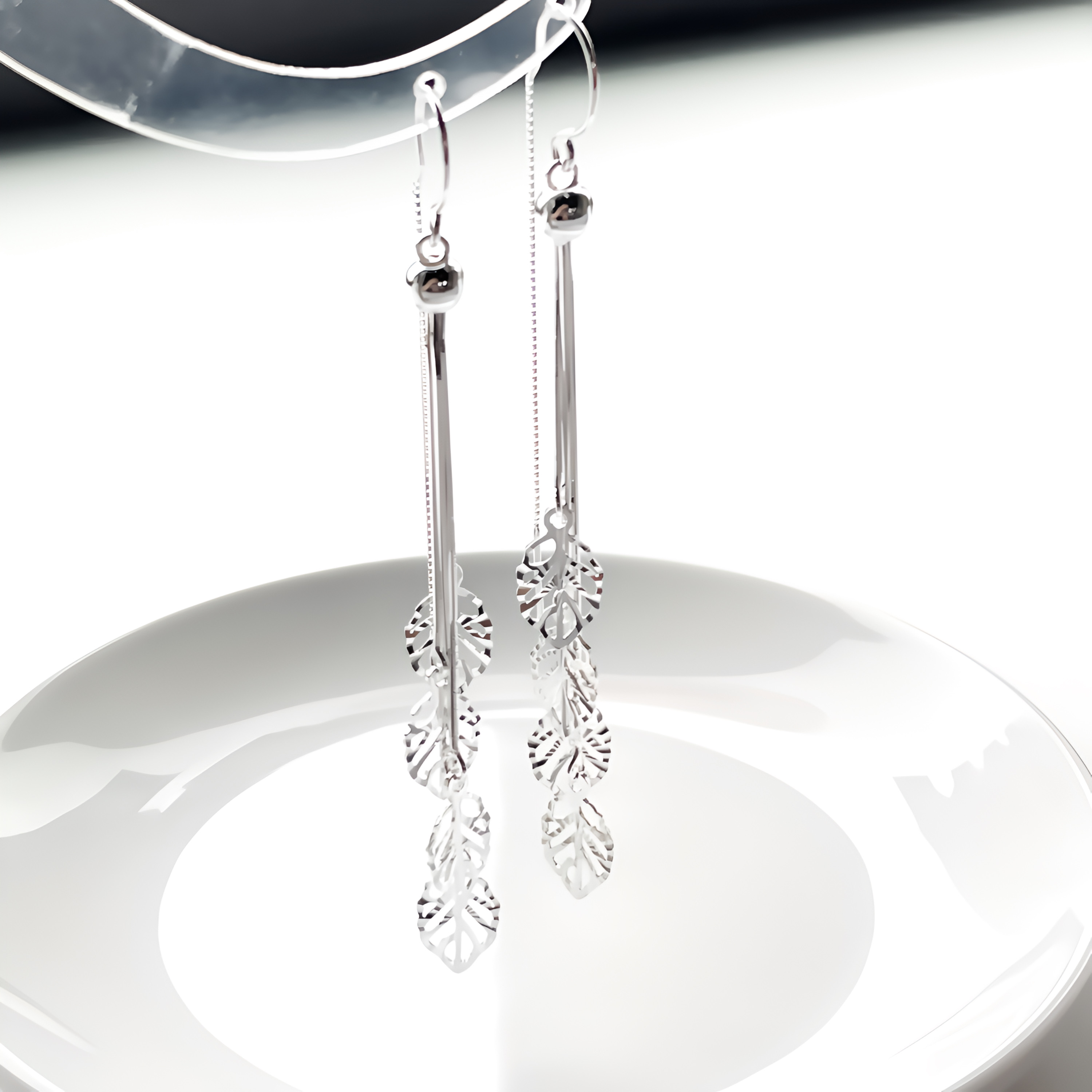 足银耳饰 叶子长流苏防丢耳钩耳线长款搭配气质轻奢古