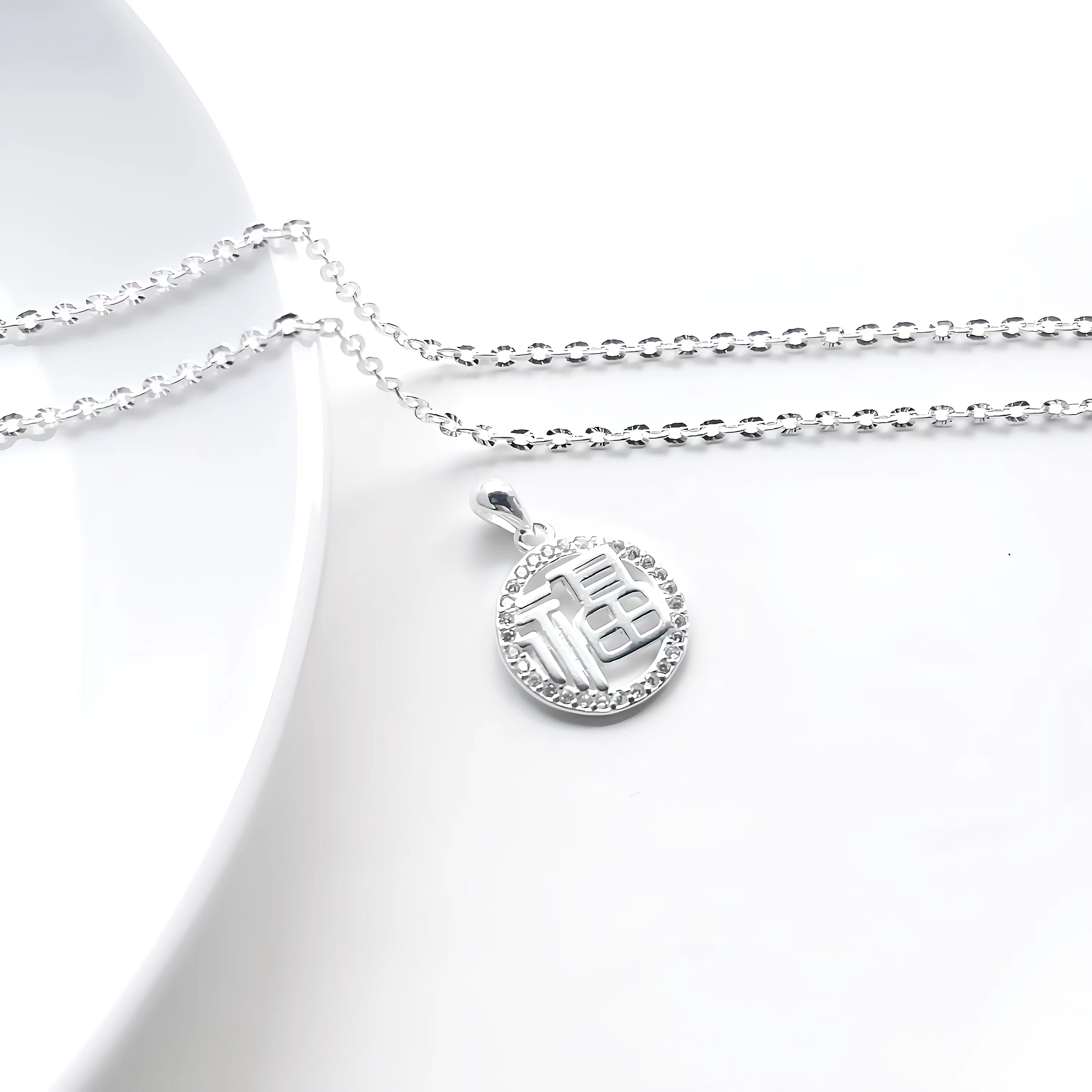 坠链均足银 菠萝链项链圆圈小众福牌吊坠银饰礼物牌子搭