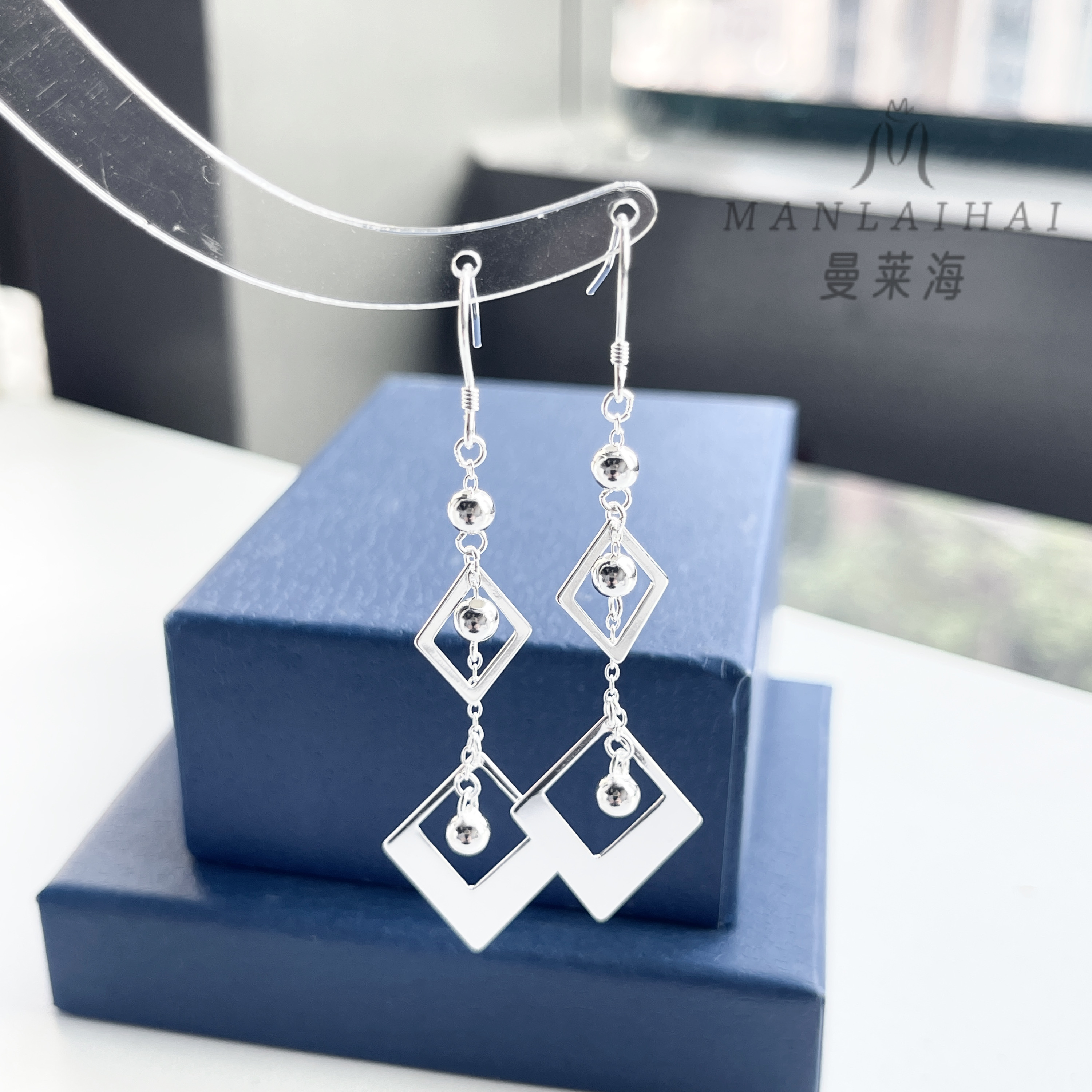 足银耳饰 双菱形吊珠耳钩气质精美耳吊轻奢礼物节日百搭女秋冬