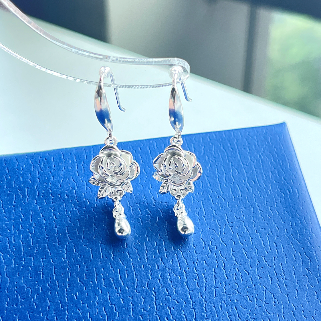 足银耳饰 水滴玫瑰花（加厚版）耳钩轻奢个性超仙清新脸