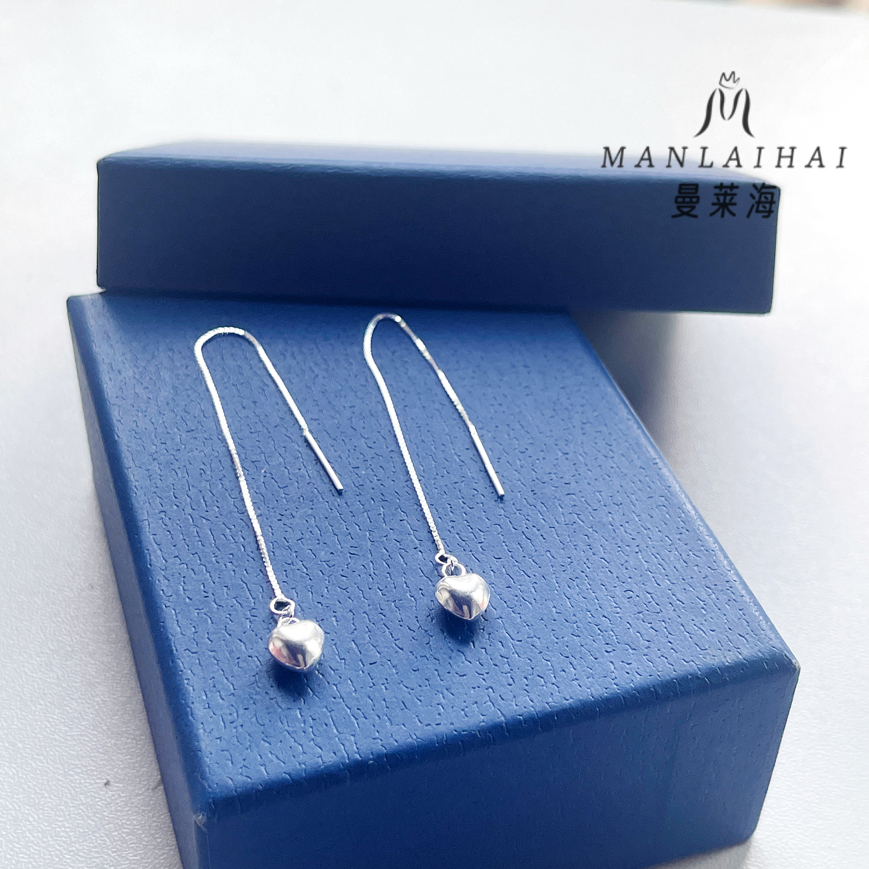 足银耳饰 爱心超长耳线气质简约光面百搭养耳洞银纯银个性长款