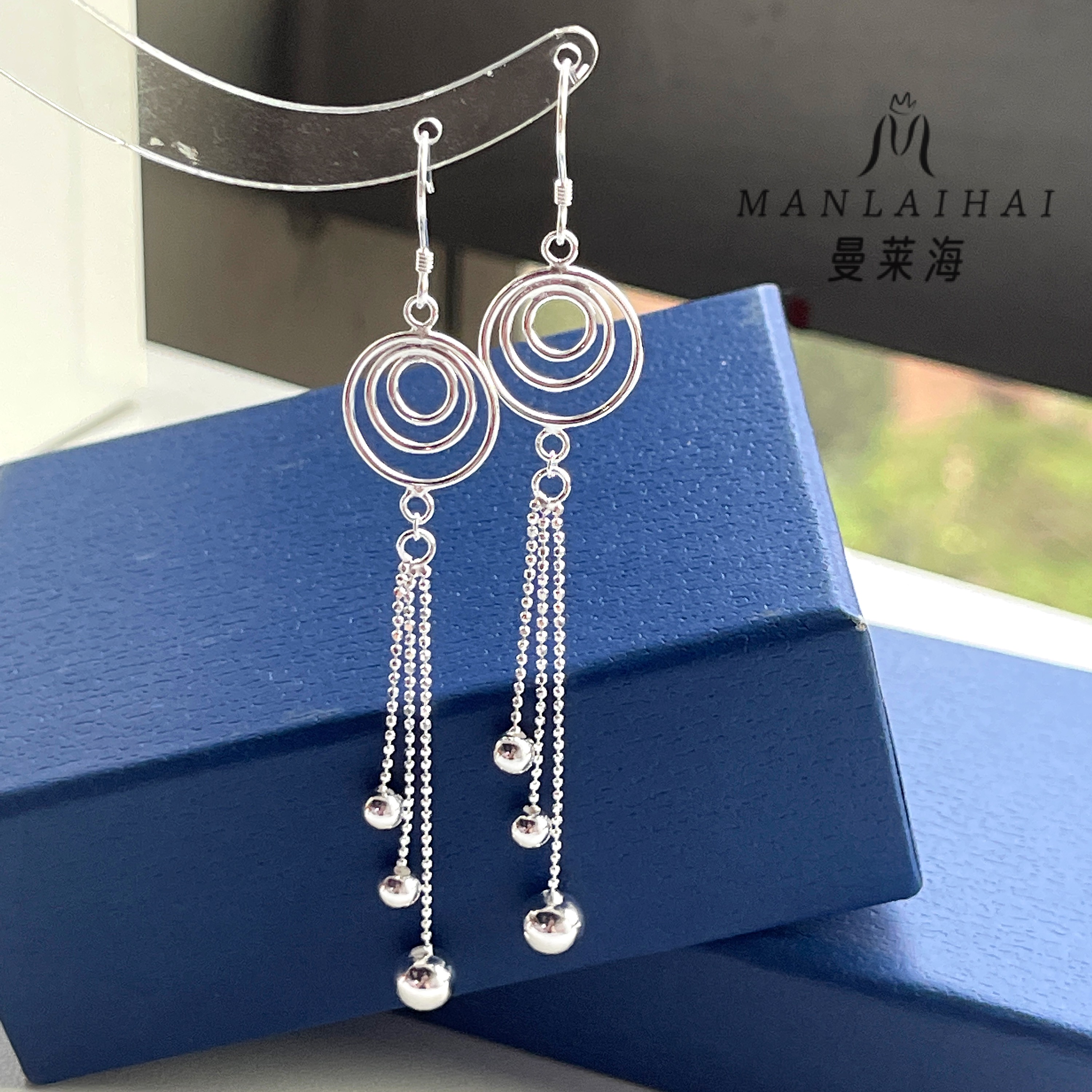 足银耳饰 环扣6圆珠流苏耳钩气质百搭简约长款纯银正品足银990