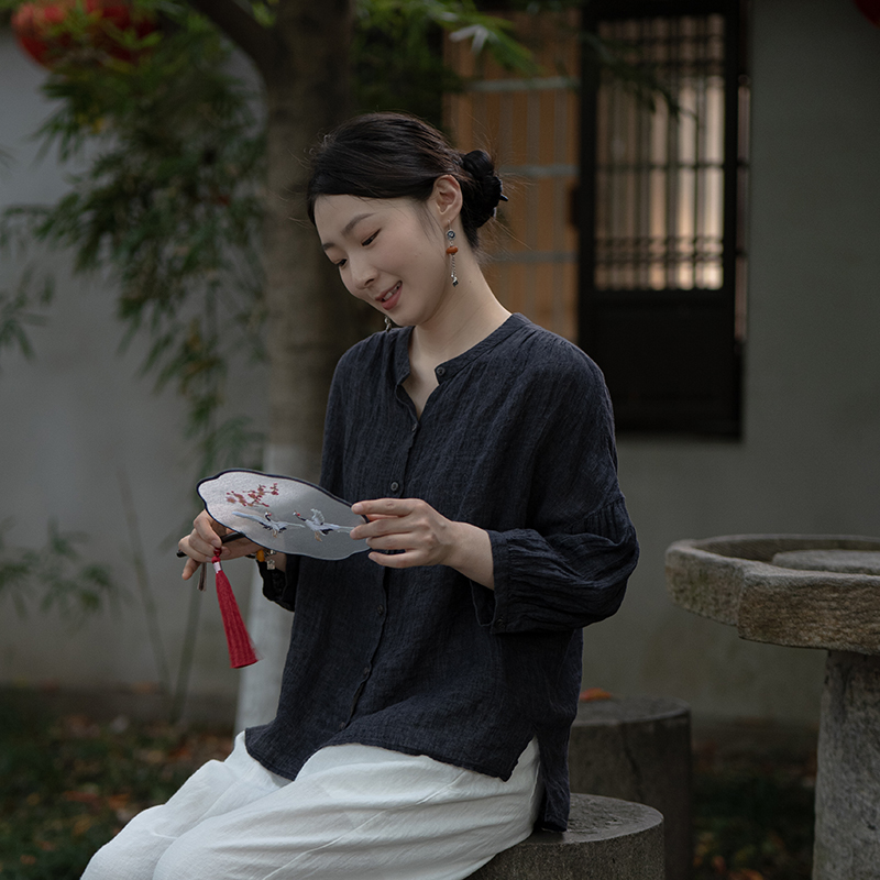 高端亚麻褶皱肌理衬衫七分袖休闲夏季新品衬衫上衣百搭