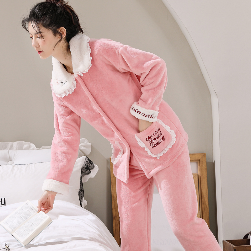 秋冬天加厚保暖双面法兰绒睡衣女不掉毛绒年轻漂亮甜美家居服套装