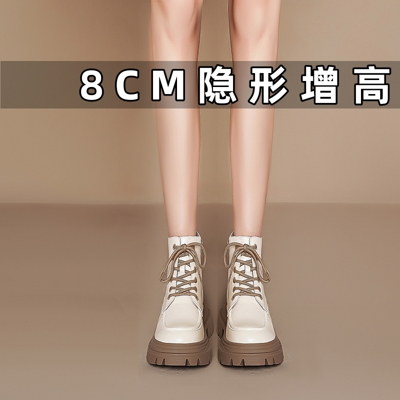 炸街白色短靴女秋2023新款小个子内增高瘦瘦英伦风厚底真皮马丁靴