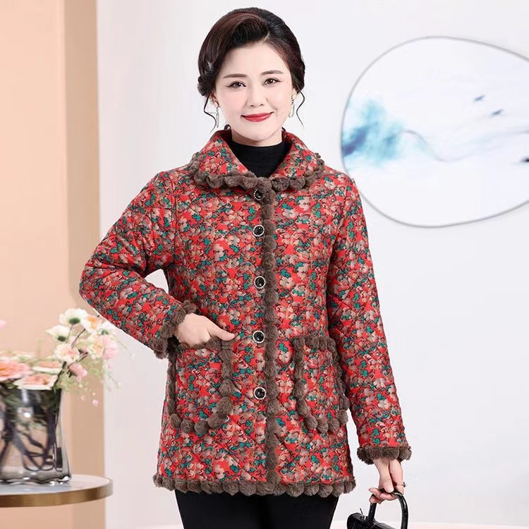 中老年妈妈装冬季长款棉服外套棉衣大码加绒毛毛边袄洋气新款棉袄
