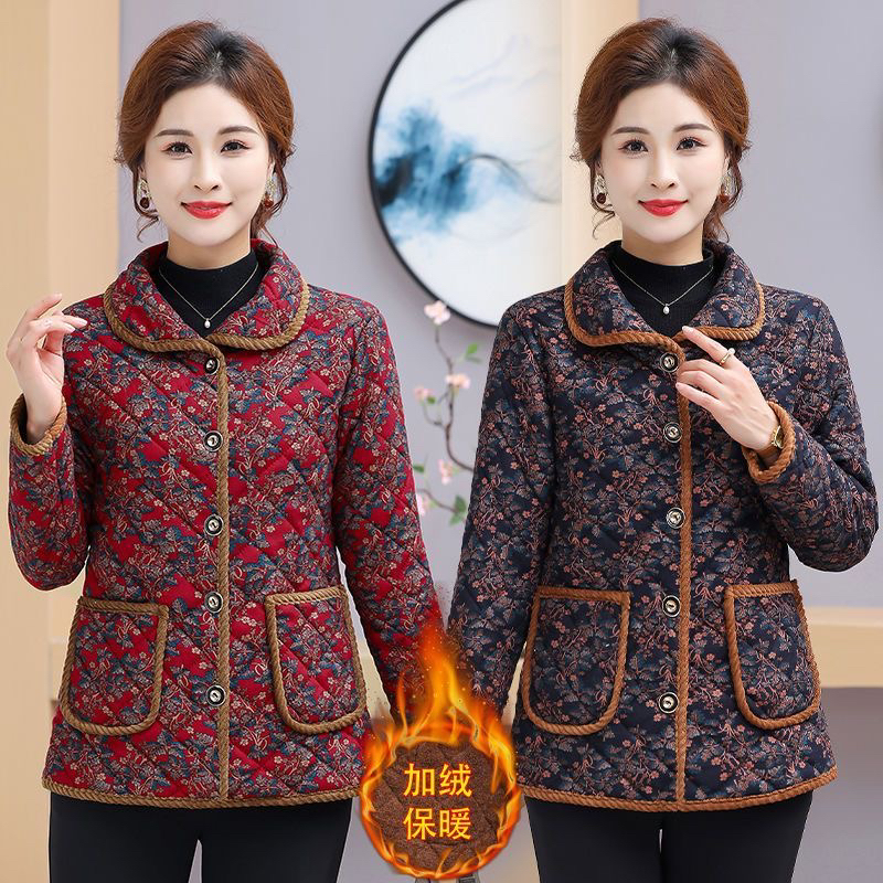 冬季新款加绒加厚棉服奶奶外穿长袖碎花保暖棉袄女冬装棉衣防寒