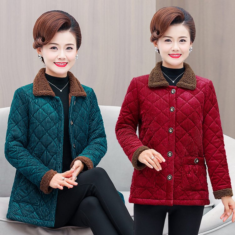 妈妈装冬季新款灯芯绒加厚棉衣加绒中老年女装加绒小棉袄外套棉服