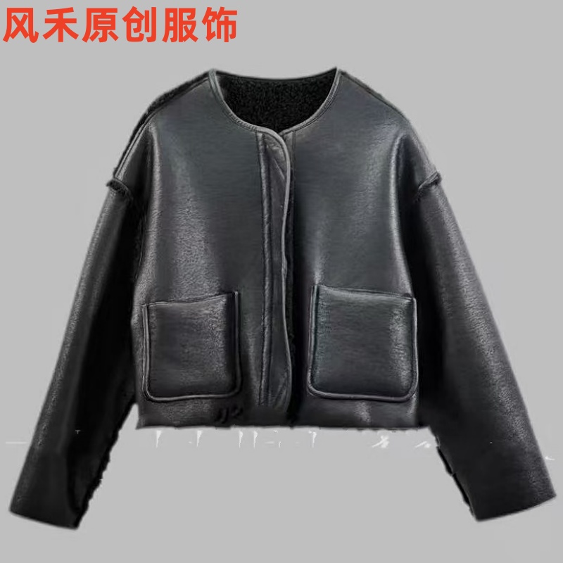 风禾原创【98607】冬季时尚加厚圆领皮毛拼接一体两面穿开衫上衣