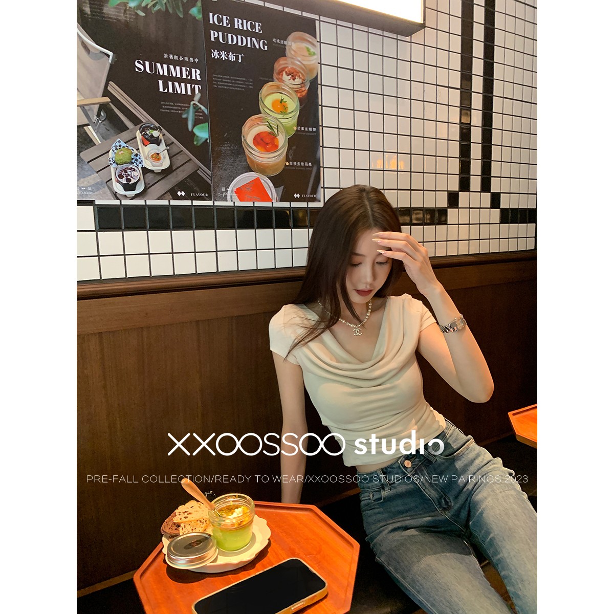 xxoossoo 时髦精 气质高手荡领杏色T恤/小吊带 显瘦修身外穿