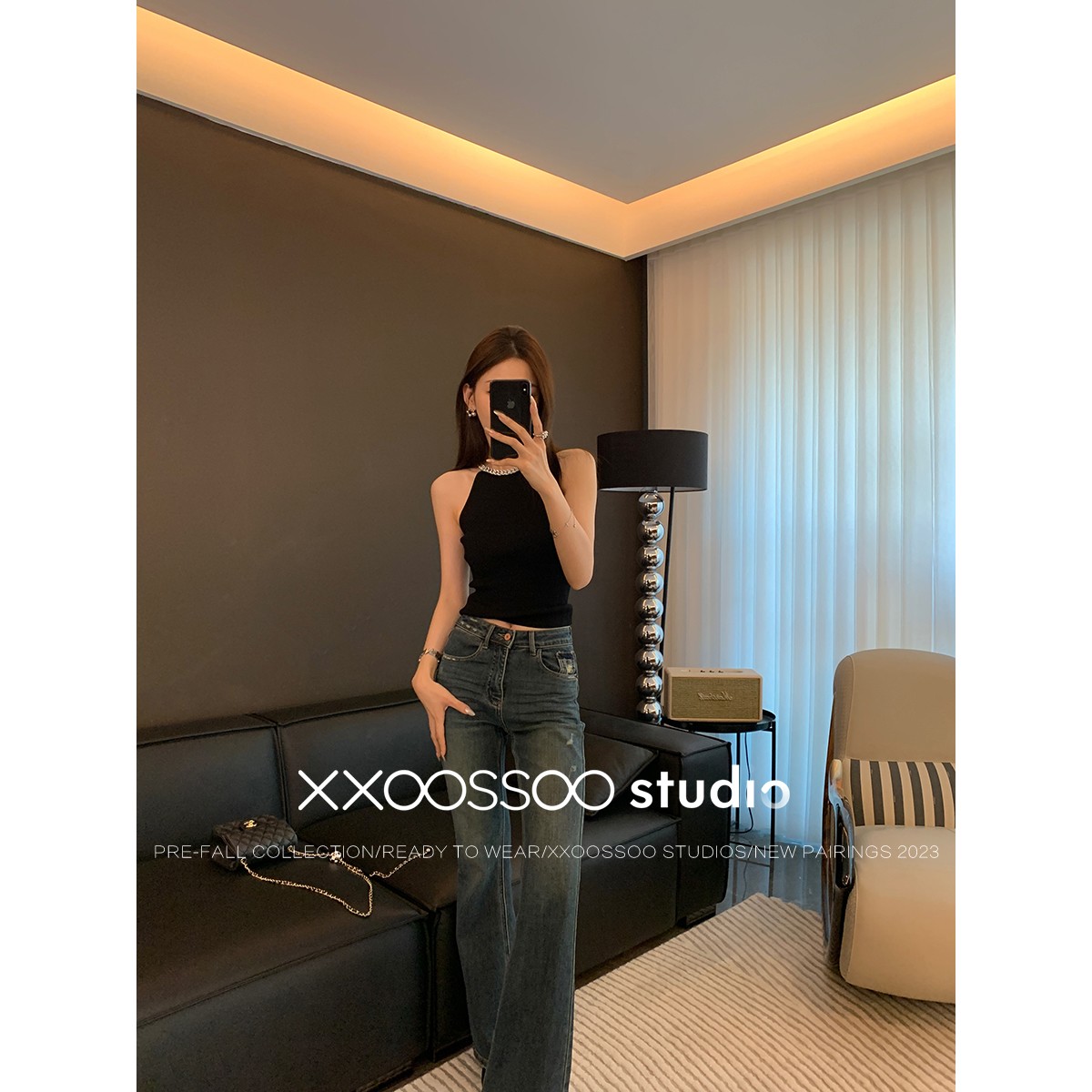 xxoossoo牛仔格调高腰显瘦微喇直筒袋点白牛仔裤辣妹夏季马蹄