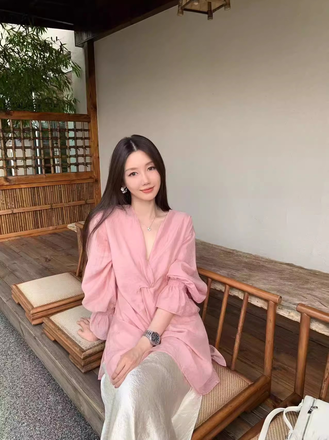 xxoossoo 老钱风杏粉衬衫防晒衬衫女外套天丝微透纽结长袖衬衣