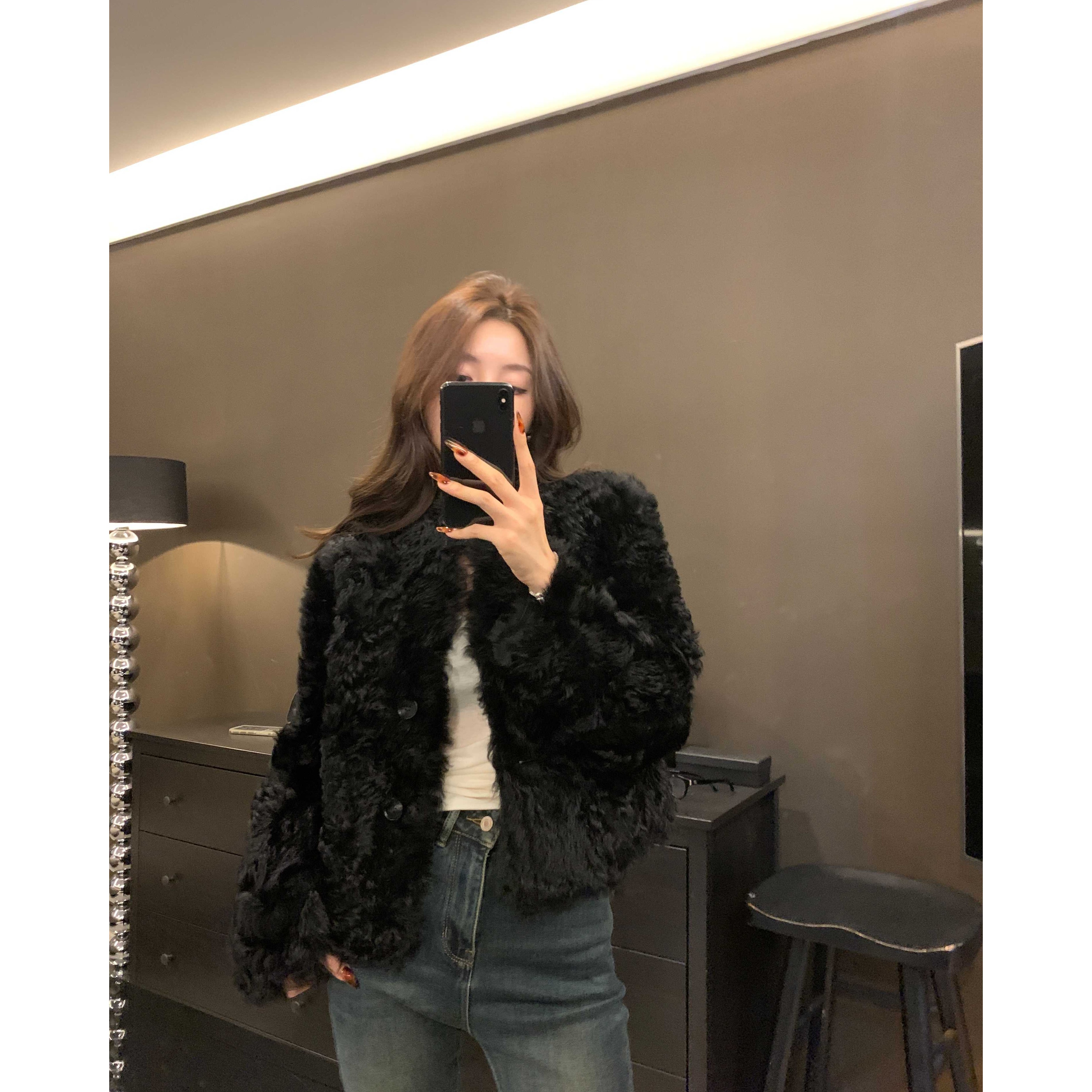 XXOOSSOO【西班牙进口托斯卡纳】皮毛一体黑色皮草外套