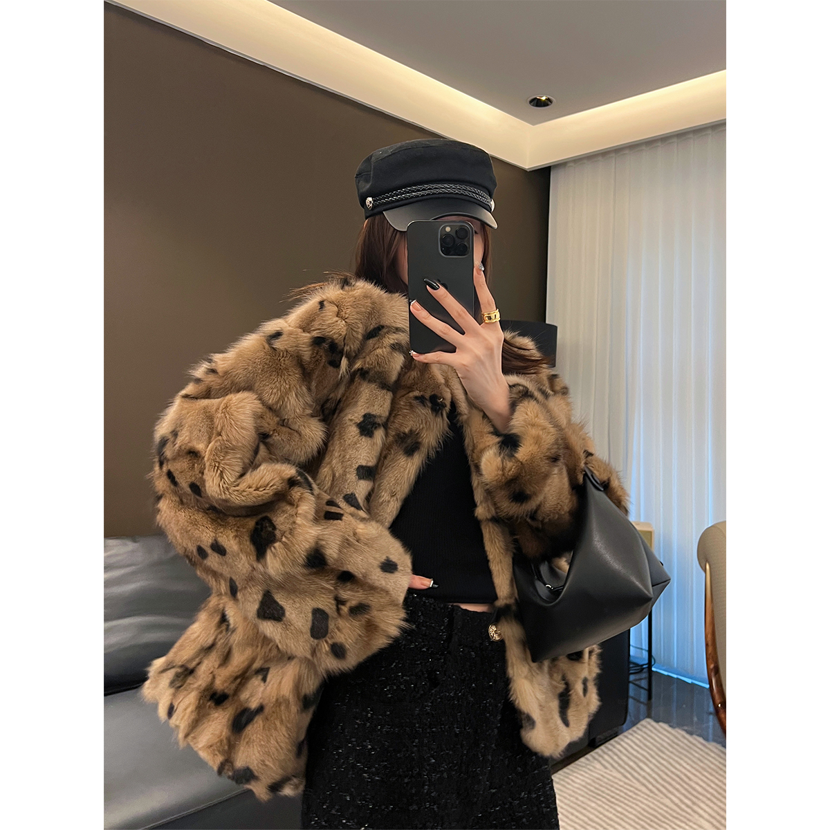 xxoossoo豹花纹外套女 豹纹毛毛大衣短款