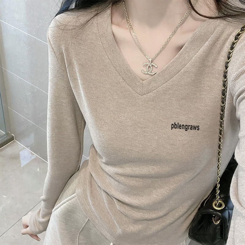 秋冬季高档货正肩V领磨毛长袖t恤女装简约百搭上衣加厚内搭打底衫