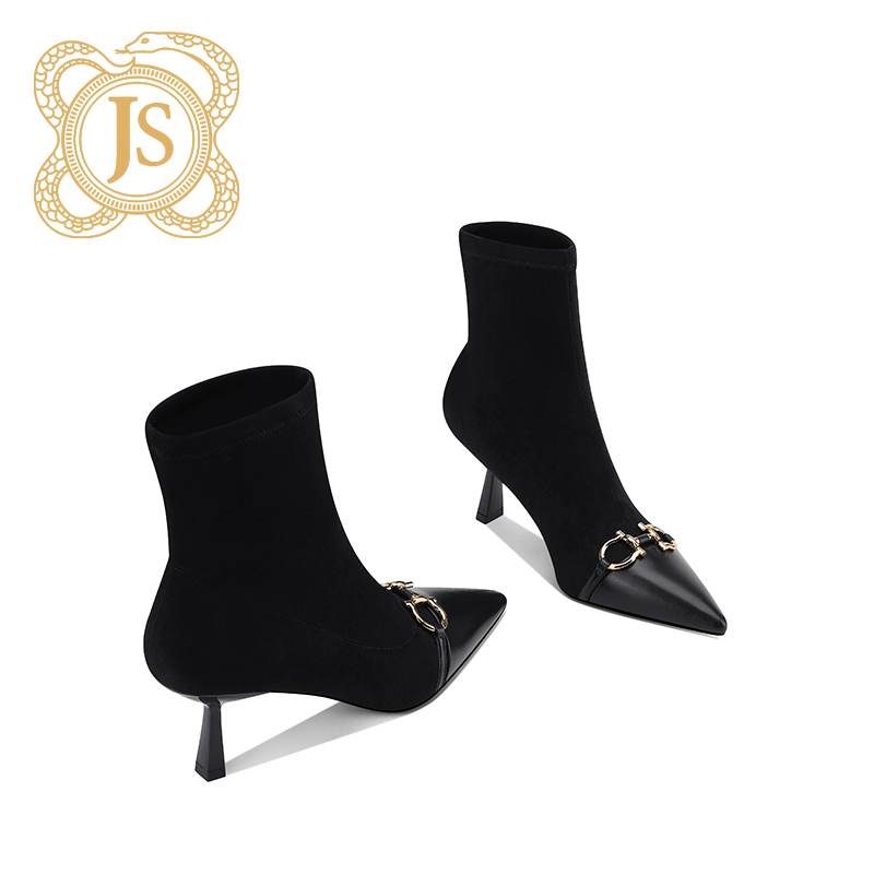已开价，ZYD296598欧美弹力方扣法式瘦瘦靴短靴绒面细高跟尖头