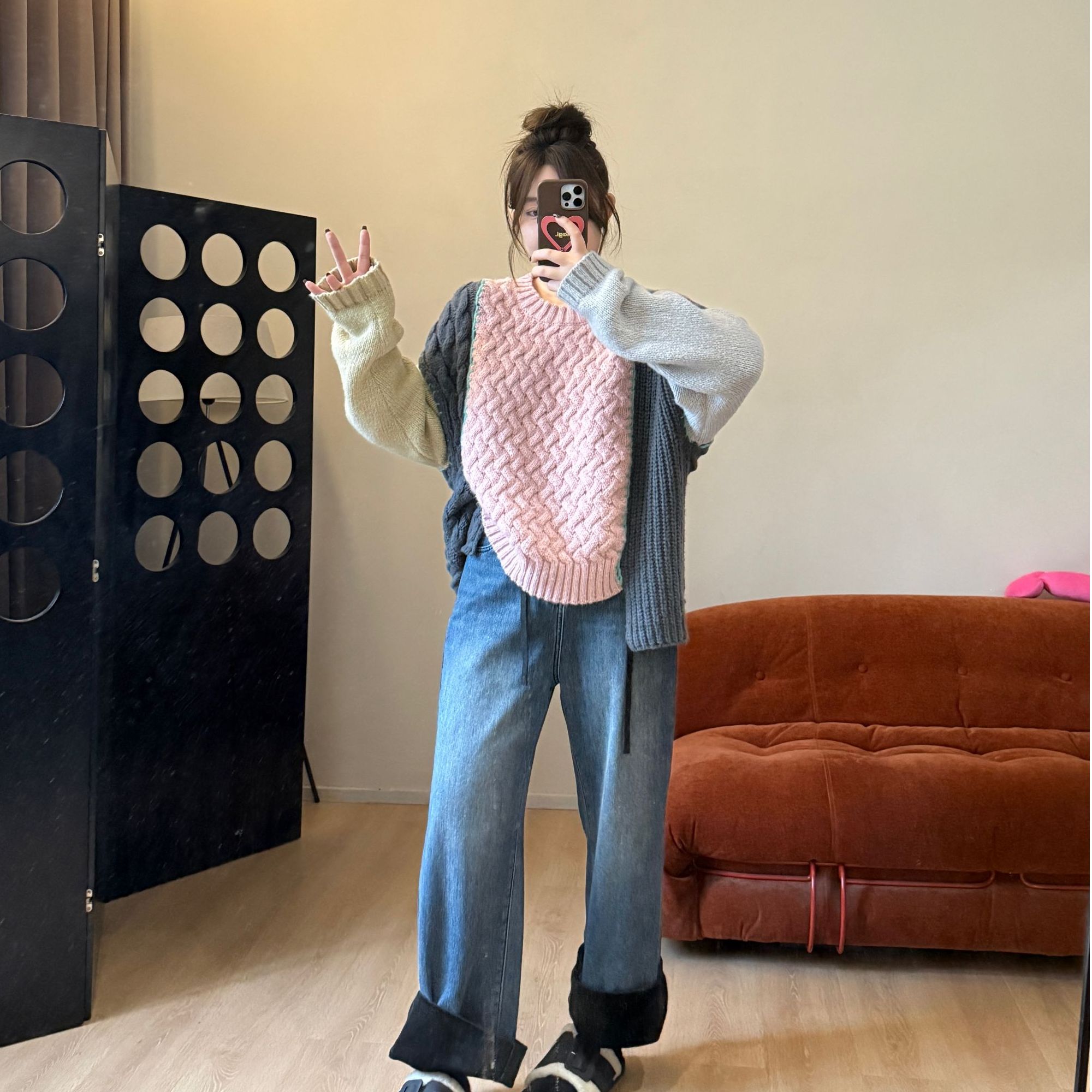 晶咕【色彩拼接】复古宽松慵懒风秋季独特别致撞色拼接针织毛衣