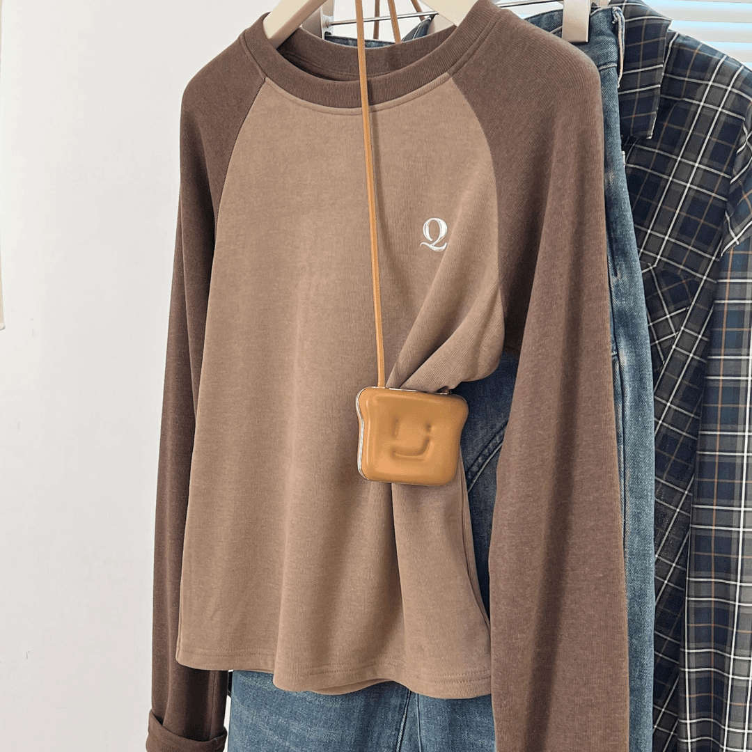 2024秋冬款拼接打底衫圆领长袖洋气宽松磨毛绒T恤活力撞色显瘦02