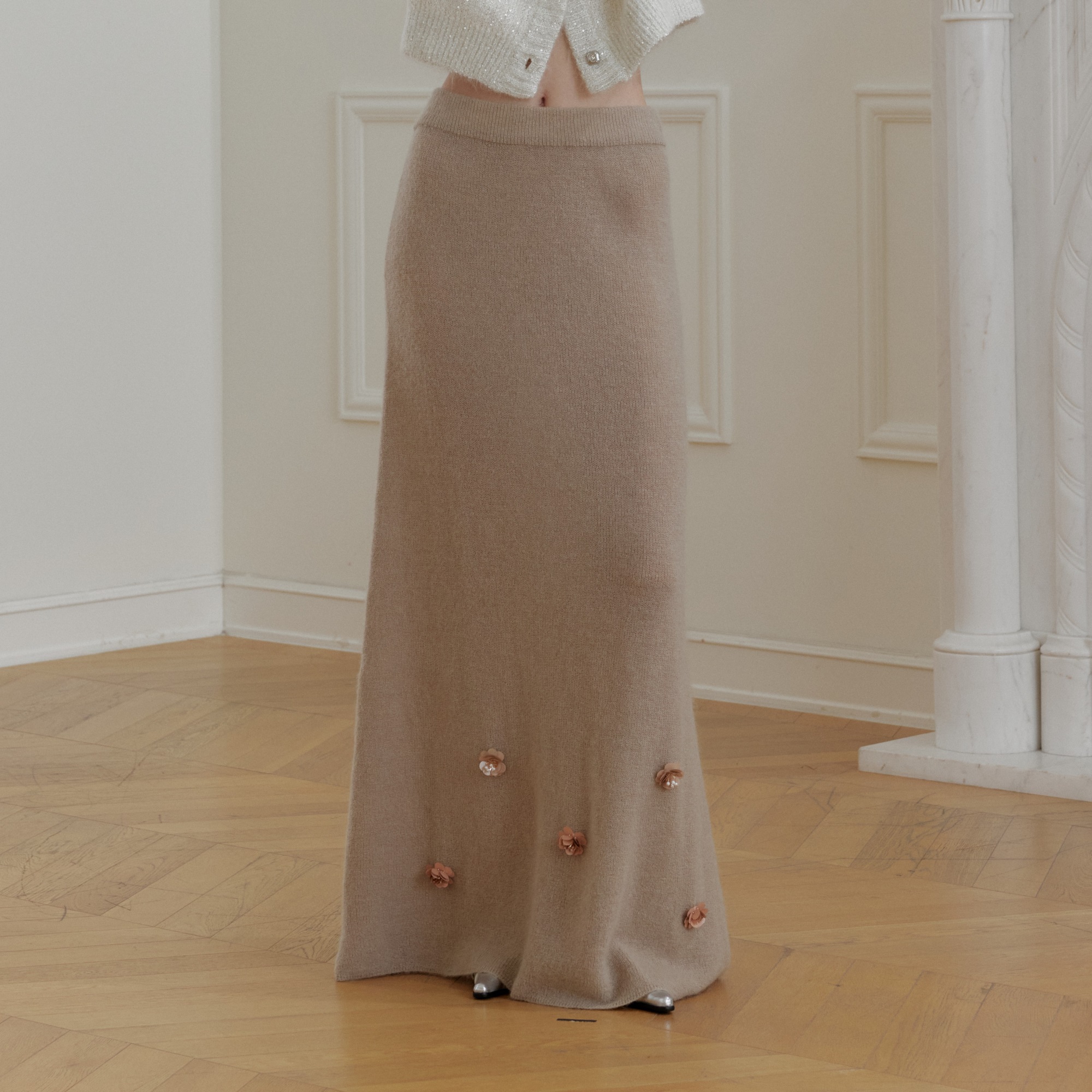 LeanProject手工定制亮片花朵2025马海毛针织半裙秋冬半身裙长裙