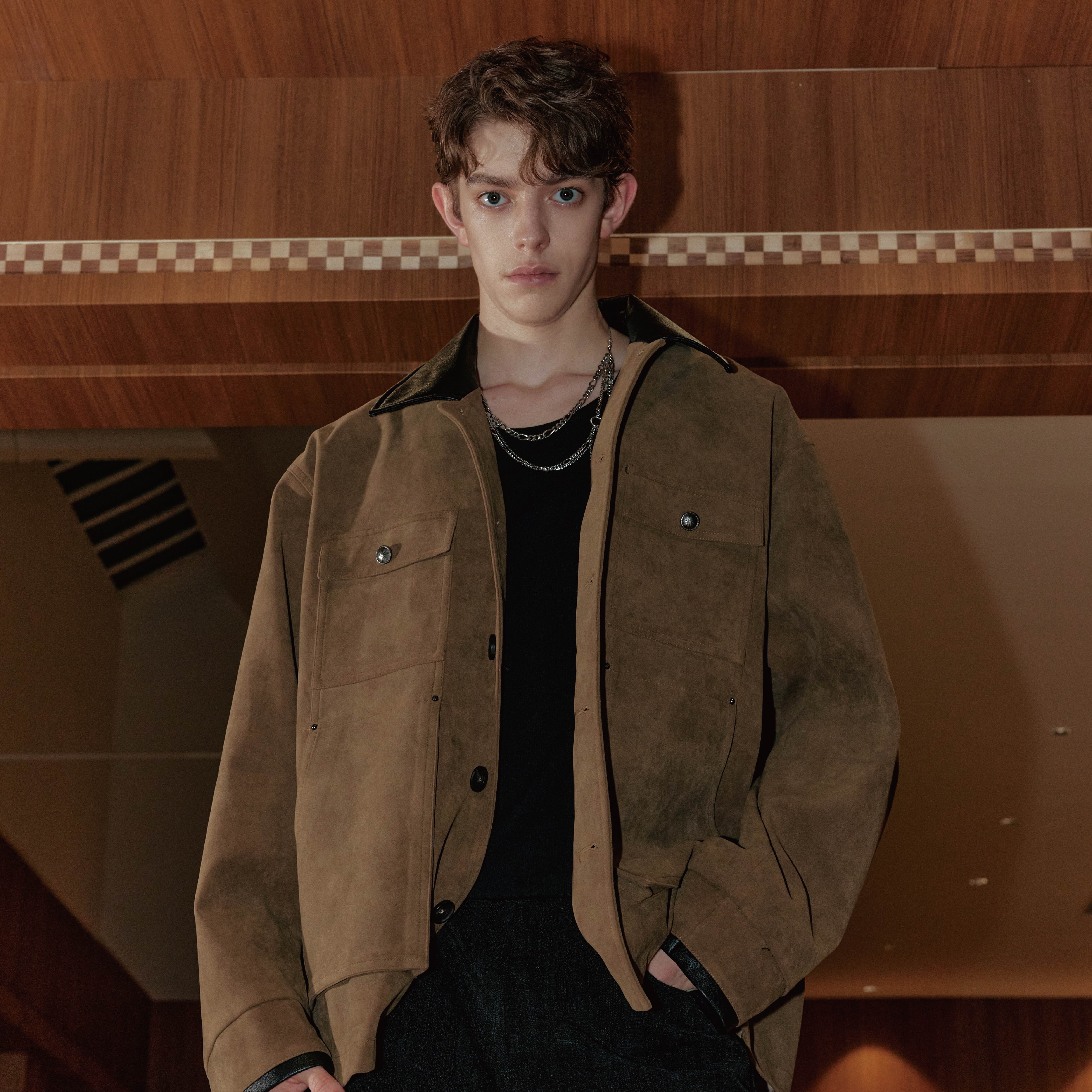 LeanProject“狂野绅士”重磅休闲翻领麂皮绒秋冬拼色皮夹克外套