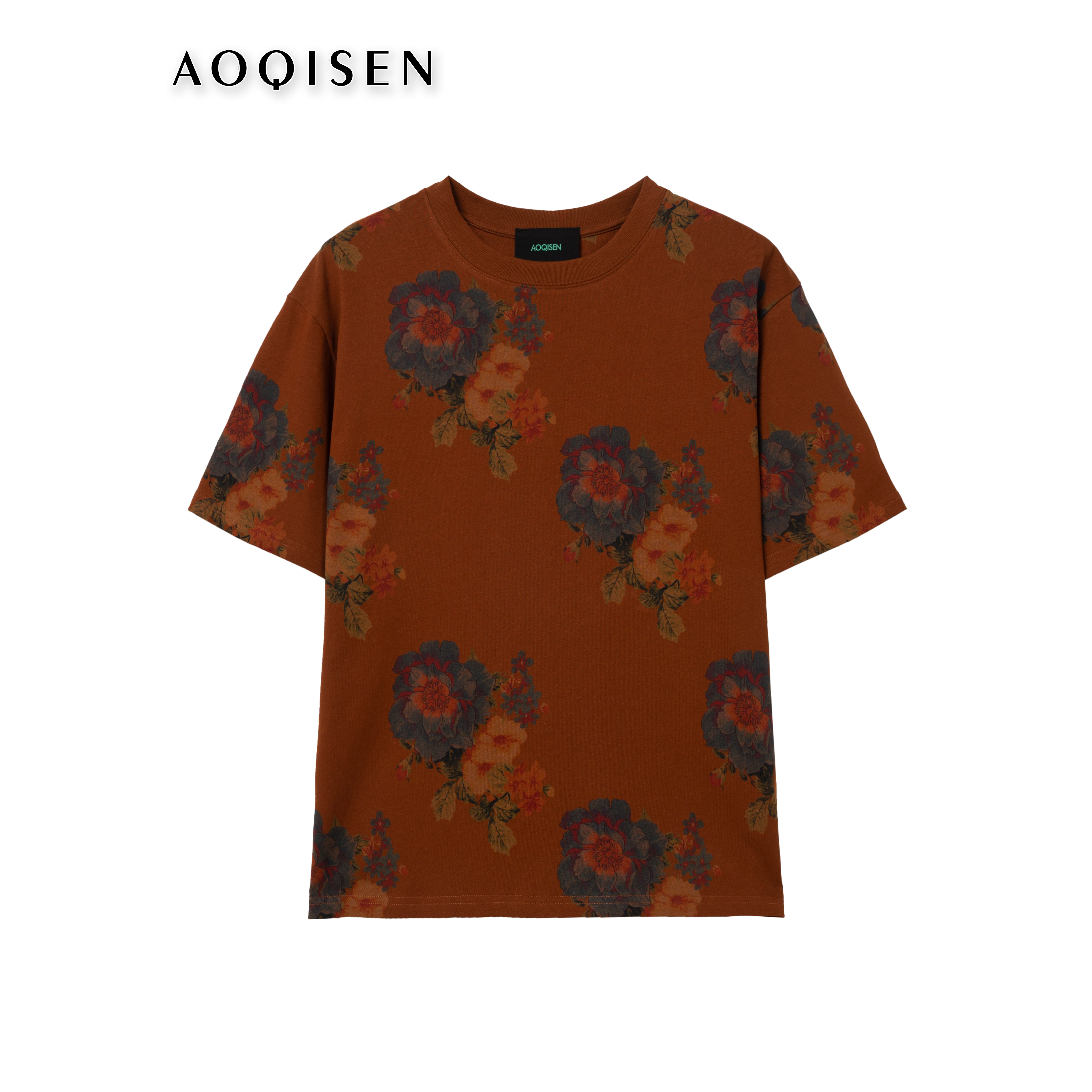 2355-7夏款复古大月季色重工印花短袖休闲宽松圆领中老年女士T恤