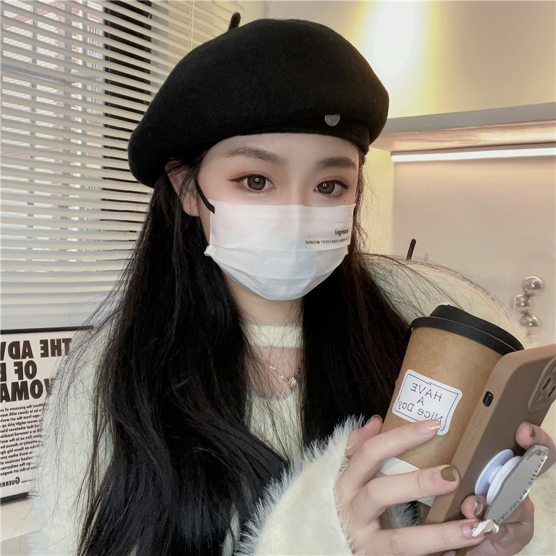 网红时髦小圆标气质毛贝雷帽女显脸小秋冬高品质优雅保暖画家帽