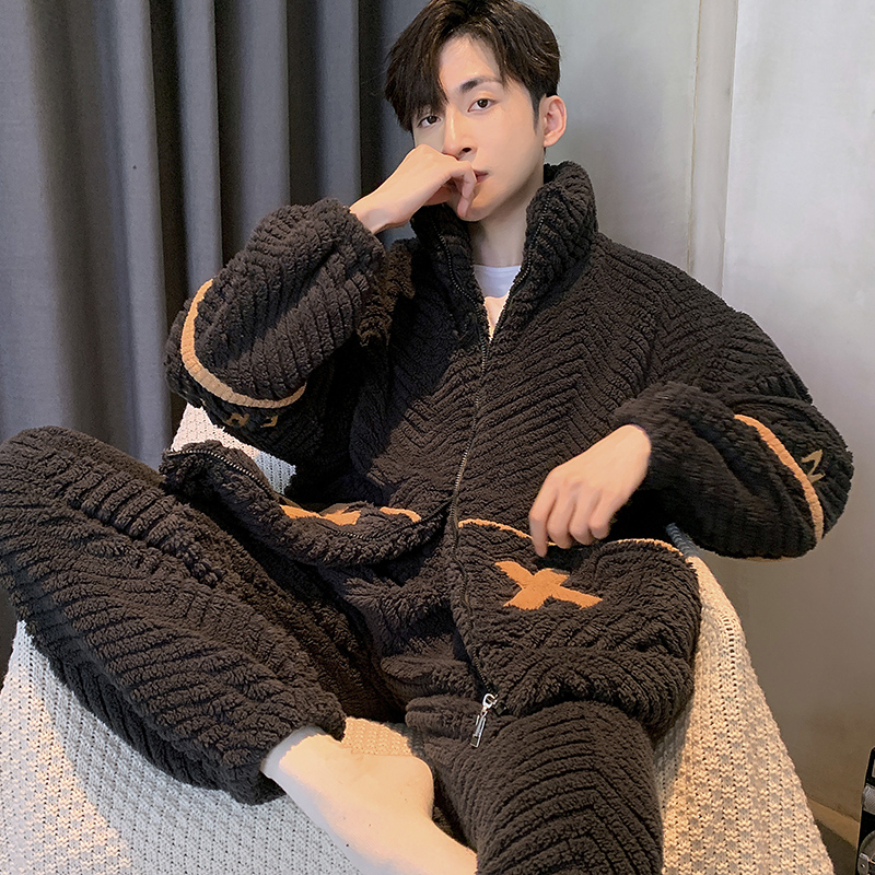 睡衣男士珊瑚绒秋冬季加绒加厚新款法兰绒拉链黑色简约家居服