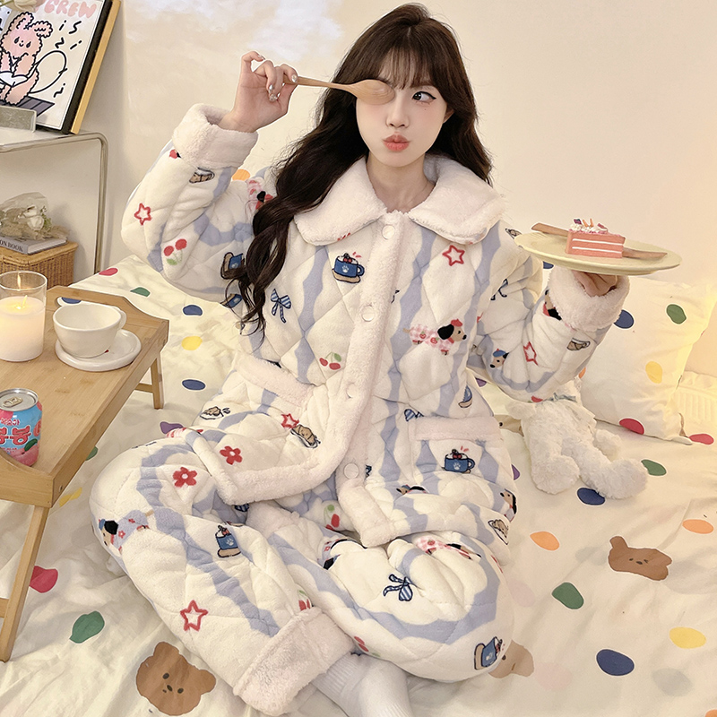 夹棉睡衣女三层加绒加厚冬秋季保暖珊瑚绒家居服套装新款可外穿49