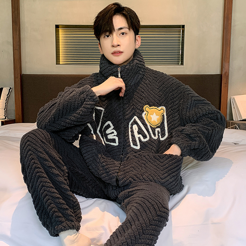 睡衣男士珊瑚绒秋冬季加绒加厚新款法兰绒拉链休闲家居服套装毛绒