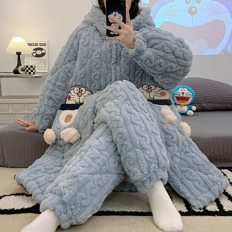 睡袍女冬季睡衣三层夹棉加厚加绒中长款家居服套装珊瑚绒连帽保暖