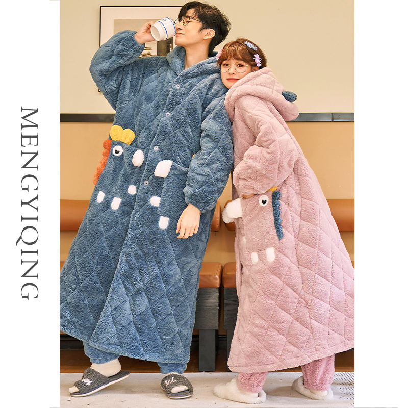 睡袍女冬长款三层夹棉珊瑚绒加绒加厚冬季法兰绒情侣睡衣男士