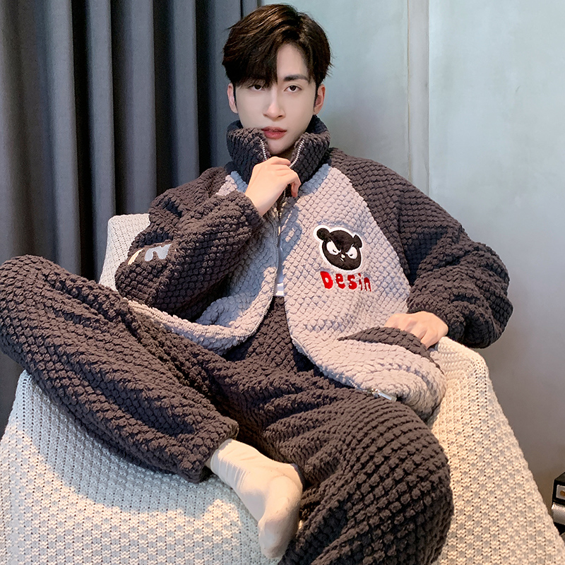 睡衣男士珊瑚绒秋冬季加绒加厚新款法兰绒拉链2023保暖简约家居服
